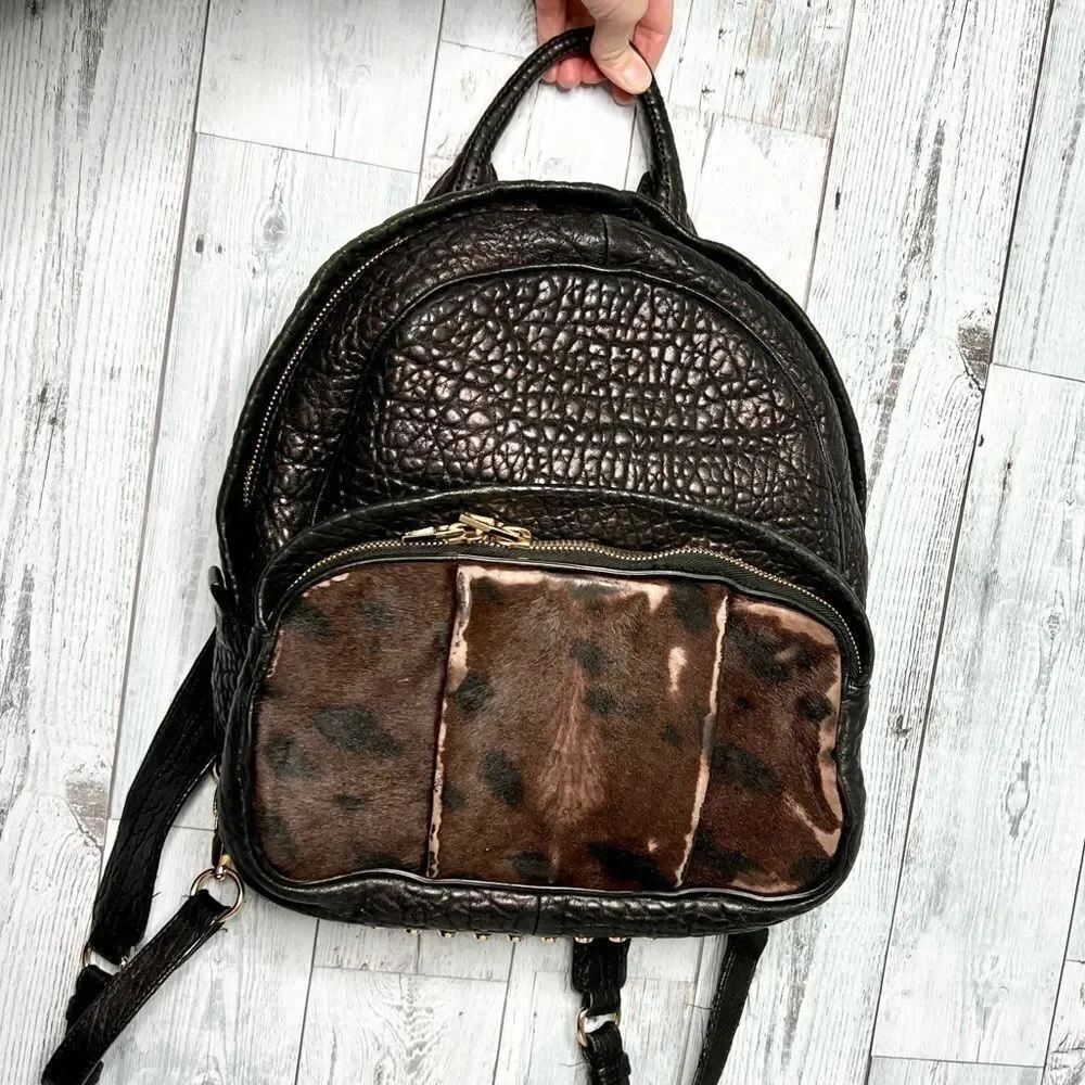 Alexander Wang Black Embossed Leather & Calf Hair Studded Backpack Bag Luxurious